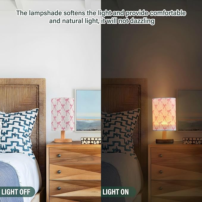 Aslsiy Coquette Ribbon on White Bedside Table Lamp Lovely Bow Nightstand Lamp Night Light Fabric Shade for Bedroom Living Room Home Office