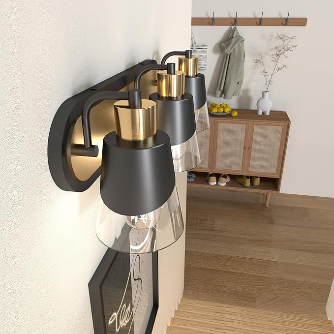 URSOLA Bathroom Vanity Light, 3 Lights Bathroom Light Fixtures, 19.7 inch Bathroom Light Fixtures Over Mirror Black and Gold, with Bevelled Edge and Clear Glass Shade Wall Lamp
