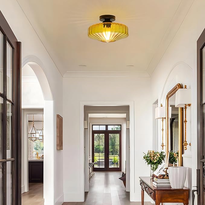 FCTWAKS Semi Flush Mount Ceiling Light, 11.8" Mid Century Modern 1-Light Close to Ceiling Light Fixtures with Drum Amber Glass Shade for Bedroom Entryway Hallway Porch Foyer