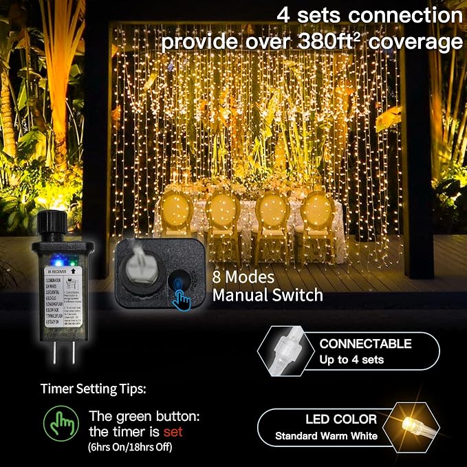 suddus Curtain Lights for Bedroom, 300 Led 9.8x9.8ft Curtain Lights for Backdrop, Curtain String Lights for Christmas, Dorm, Wall, Backdrop, Window, Wedding, Party, Birthday, Warm White（Plug in）