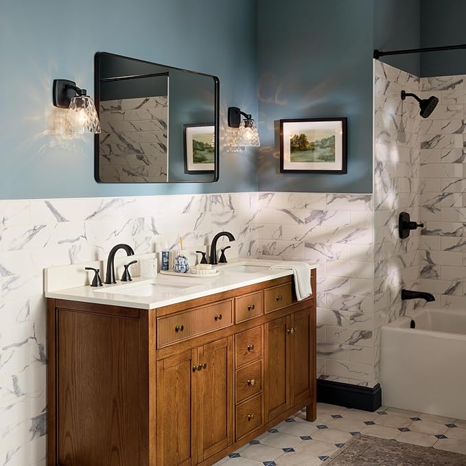 Kichler Marant 5" 1-Light Wall Sconce Bathroom Light Fixture with Clear Water Glass in Black, Modern Vanity Light for Bathroom, Powder Room, Hallway (5" W x 9.5" H), 55214BKWTR