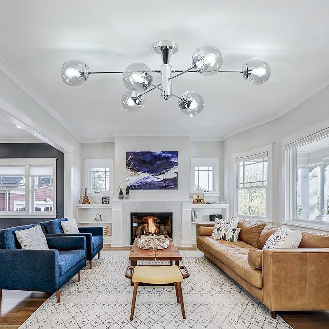 hesoge Modern Sputnik Ceiling Lights 6 Light Semi Flush Mount Ceiling Fixture with Glass Globes Chrome Chandelier for Dining Room Bedroom Living Room Kitchen Farmhouse.