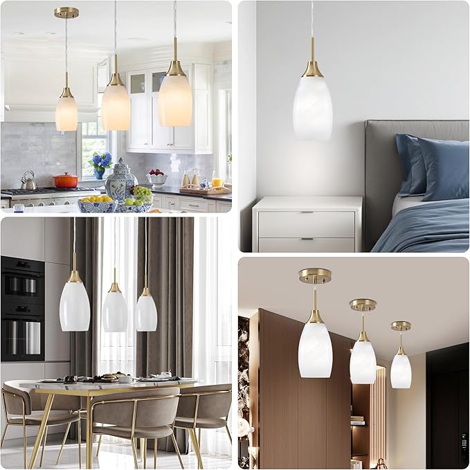 Viinew Mini Glass Pendant Light 4.72" with Handblown White Swirl Art Glass Hanging Light 1-Pack Oval Ceiling Hanging Light Fixture for Dining Room Kitchen Island Cafe Foyer Hallway