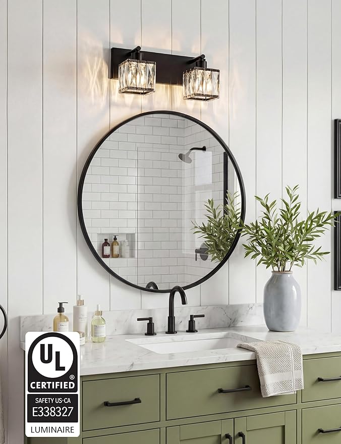 VOLISUN Black Bathroom Light Fixtures, Modern Bathroom Lighting Fixtures Over Mirror, 2 Light Bathrooms Vanity Light, Crystal Vanity Light for Bathrooms-UL Certificated(Exclude Bulb)