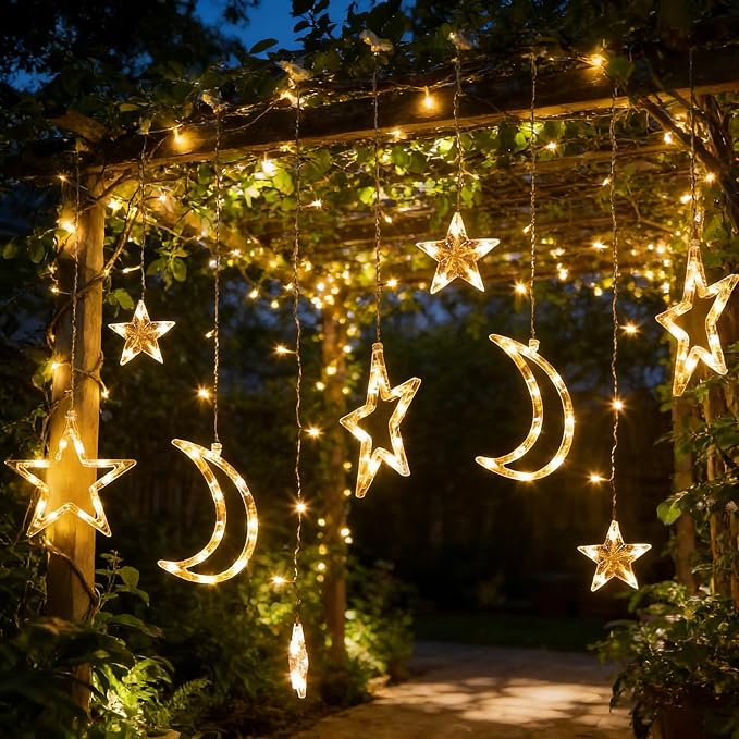 138 LED Star Moon Lights, Twinkle Christmas Curtain String Lights with 8 Modes, Battery Operated Fairy Star Moon with Hooks, Hanging Decor for Ramadan, Bedroom, Wedding, Warm White