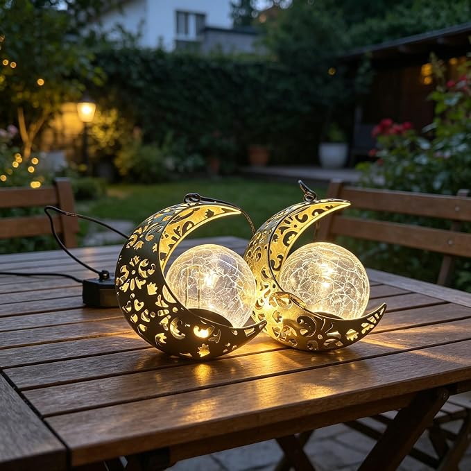 Solar Moon Lanterns Outdoor Waterproof Decor, 2Pack Hanging Decorative Garden Lights, Outside Furniture Accessories Wall Tree Patio LED Ornaments , Mother's Day Fairy Gifts for Women Mom