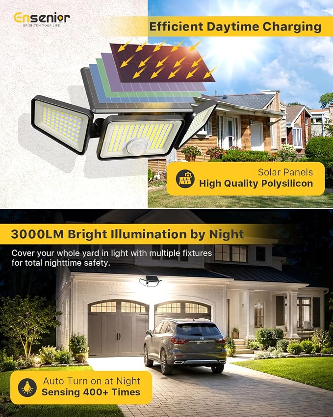Ensenior Solar Motion Lights Outdoor, 3000LM 220 LED High Brightness Motion Sensor Outdoor Lights, 3 Head 4 Modes 270° Wide Angle Flood Lights IP65 Waterproof, Remote Control Security Lights, 3 Pack