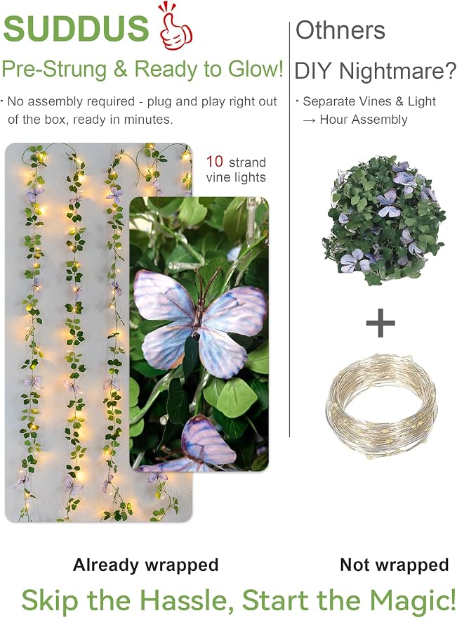 suddus Vine with Lights, Vine Lights with Butterfly for Wall,Bedroom, Dorm, Wedding, Party, Indoor Decor