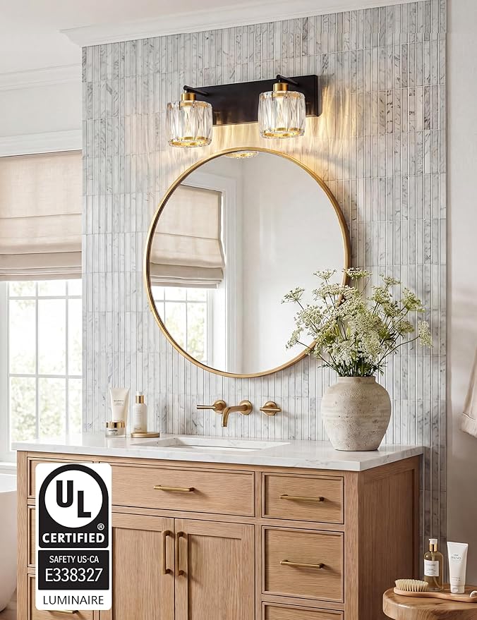 VOLISUN Crystal Vanity Lights for Bathrooms, 2 Light Bathroom Vanity Light, Black and Gold Bathroom Light Over Mirror, Modern Bathrooms Lights Fixtures-UL Certificated(Exclude Bulb)