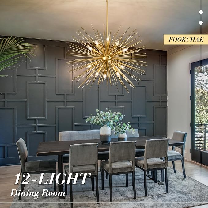 35in Gold Sputnik Chandelier 12-Light Starburst Chandelier Light Fixture Solid Metal Mid-Century Modern Satellite Light Fixture for High Ceiling Living Room Dining Room Foyer, E12
