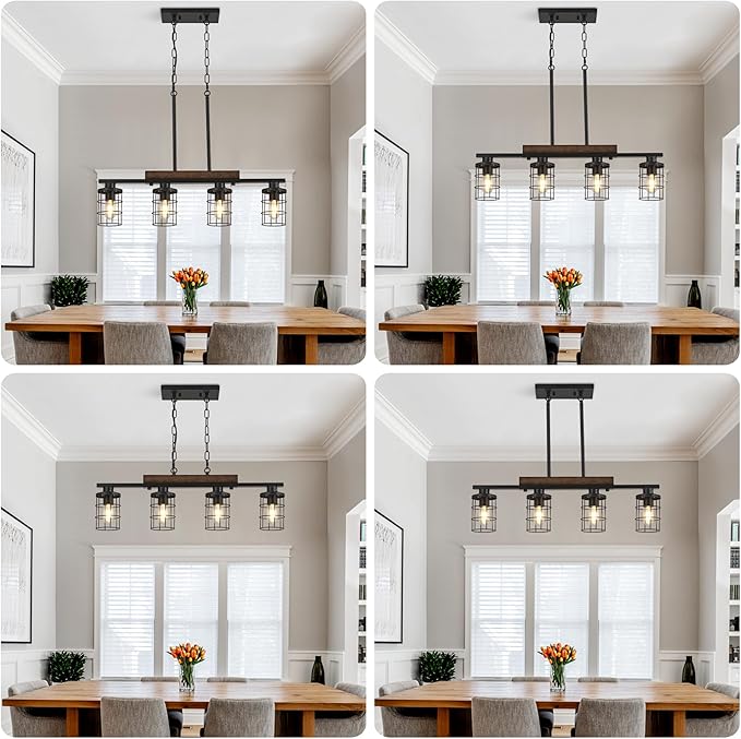 30" Farmhouse Kitchen Light Fixture, Black Hanging Kitchen Chandelier, 4-Light Rustic Dining Room Light Adjustable Height with Wood and Metal Frame, Suit for Farmhouse, Industrial Style