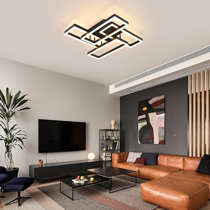 EIDISUNY Modern Led Ceiling Light for Living Room,Black Flush Mount Ceiling Lights with Remote Control&APP，3000-6500K Dimmable, 54W Acrylic Ceiling Lamp for Bedroom Kitchen Dining Room