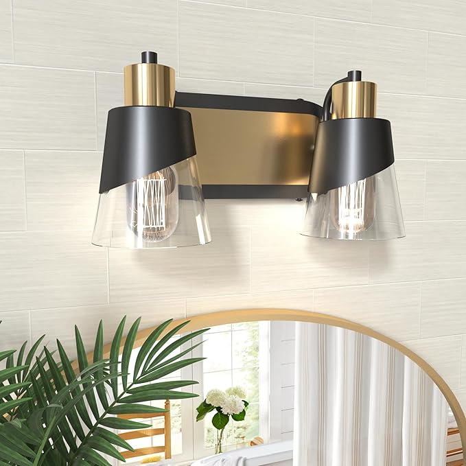 URSOLA 2 Lights Bathroom Vanity Light, Bathroom Lighting Fixtures Over Mirror, 13.8 inch Bathroom Light Fixtures Black and Gold with Bevelled Edge and Clear Glass Shade Wall Lamp