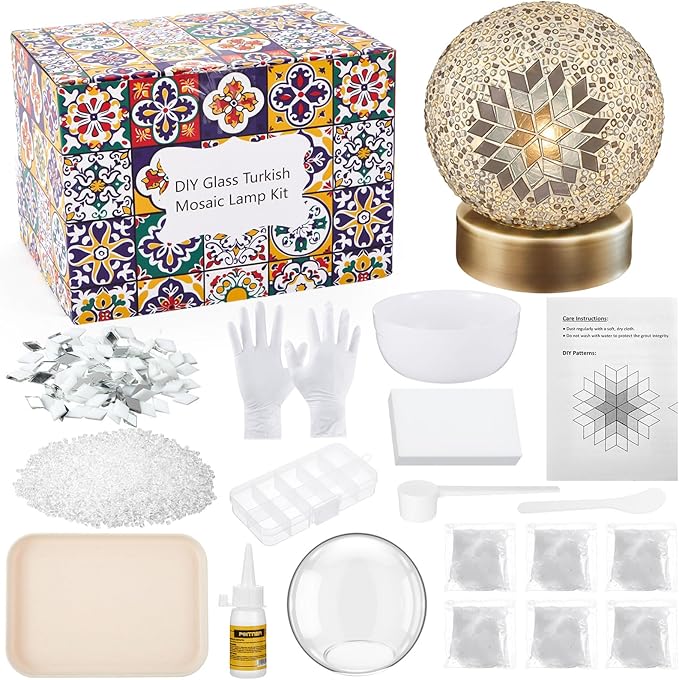 Baquler Turkish Mosaic Lamp Kit DIY Stained Glass Decorative Table Bedside Night Light Tabletop Bohemian Moroccan Lamp Craft Kit for Living Room Decorations (White)