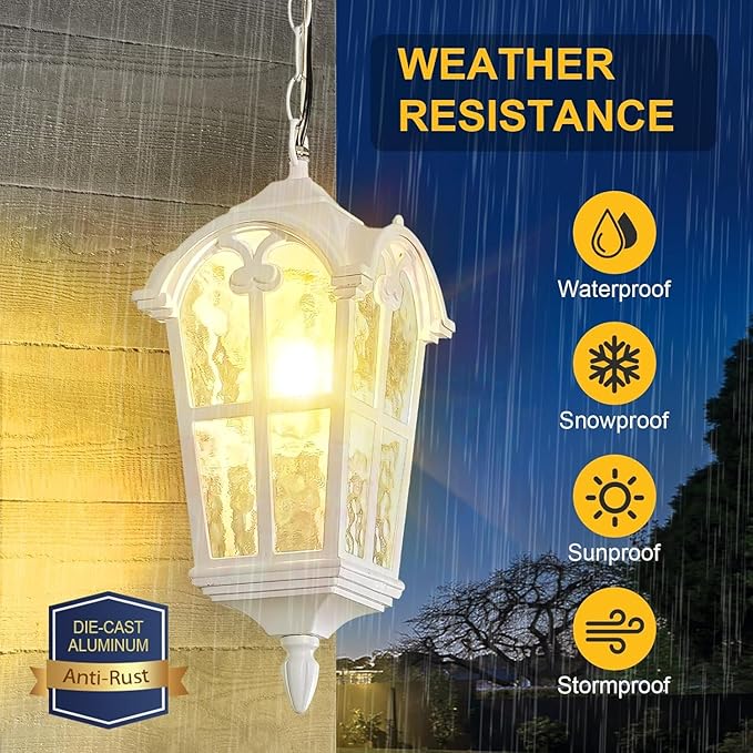 Outdoor Pendant Light for Porch Patio Garden Yard, Anti-Rust Aluminium Exterior Hanging Light Fixtures, Outside White Vintage Hanging Ceiling Outdoor Pendant Lamp Height Adjustable, 2pack