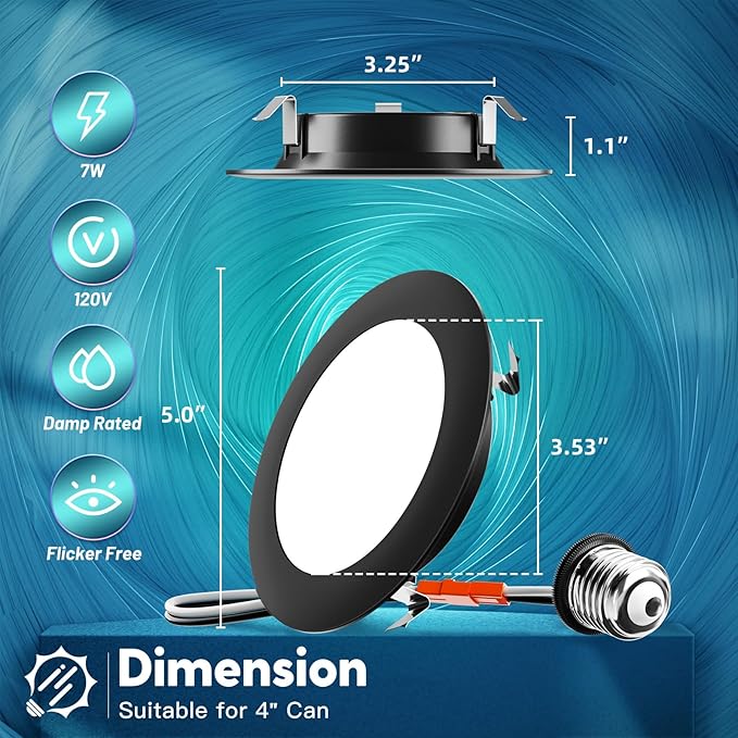 FREELICHT 6 Pack 4 Inch Retrofit LED Recessed Lighting, Selectable 2700K/3000K/4000K/5000K/6000K, Dimmable Flat LED Can Lights, 7W=60W, 700LM, IC & Damp Rated, ETL & FCC, Black