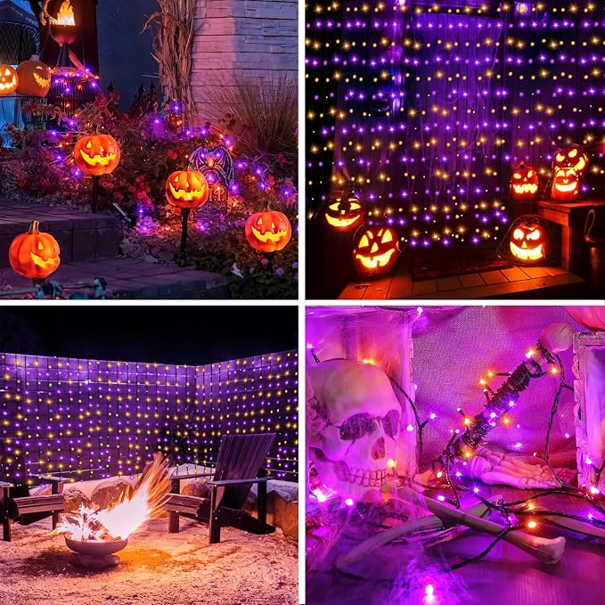 Halloween Battery Curtain Lights Purple Orange with Remote Timer 9.8×9.8ft