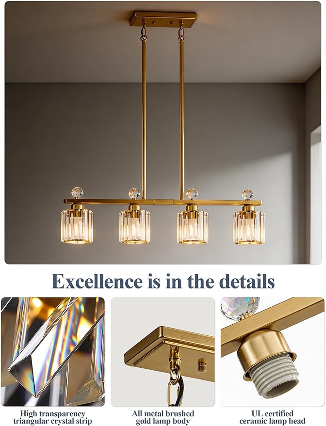 Modern Dining Room Light Fixture Over Table, Crystal Pendant Lights Kitchen Island, Chandeliers for Dining Room Kitchen Light Fixtures (E26) 4-Light Gold