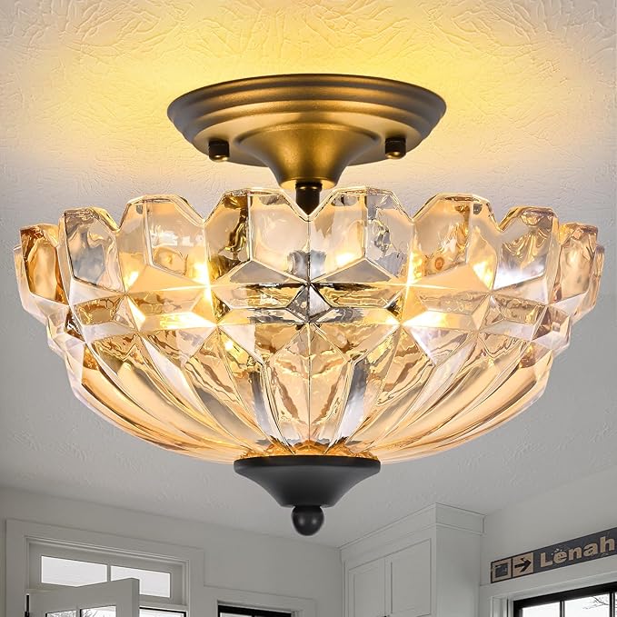 Semi Flush Mount Ceiling Light, 3-Light Kitchen Ceiling Lighting Fixtures with Amber Glass Lampshade, Gold Modern Chandelier for Living Room Bedroom Hallway
