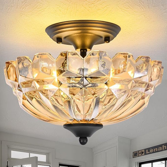 Semi Flush Mount Ceiling Light, 3-Light Kitchen Ceiling Lighting Fixtures with Amber Glass Lampshade, Gold Modern Chandelier for Living Room Bedroom Hallway