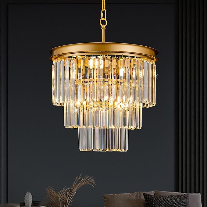15.8" Gold Crystal Chandelier 6-Lights Crystal Round Pendant Lights 3-Tier Luxury Hanging Ceiling Light Fixture for Hallway Dining Room Living Room Bedroom Kitchen Island Stairway Entryway