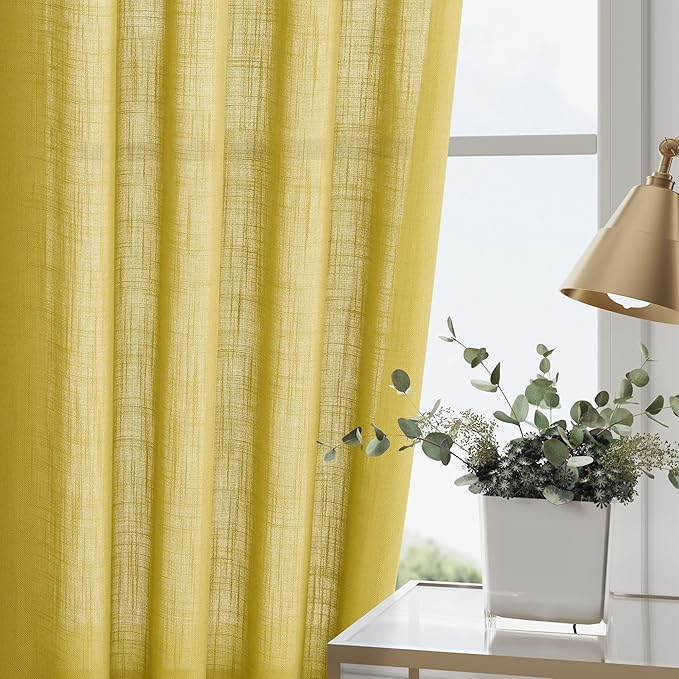Nanspring Celery Yellow Curtains 120 Inches Long 2 Panels Set Back Tab Loop Pocket Linen Blend Light Filtering Semi Sheer Boho Decor Curtain for High Ceiling Living Room Drapes 52x120