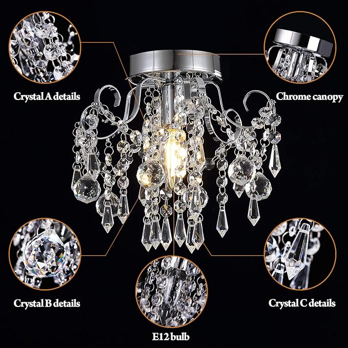 Q&S Small Crystal Chandelier,Flush Mount-Modern Mini Ceiling Light Fixture for Hallway/Entryway/Bedroom/Bathroom/Closet,Chrome Metal with K9 Crystal
