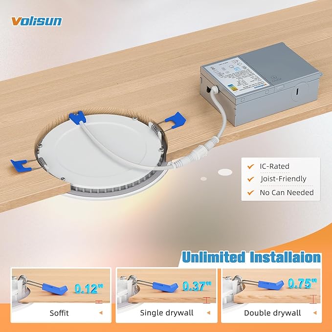 VOLISUN 24 Pack 4 inch Recessed Lighting, 5CCT LED Recessed Light with Junction Box, 2700K-5000K Selectable, 9.5W Eqv 80W, 810LM Dimmable Canless Wafer Downlight, LED Ceiling Light ETL Certificated