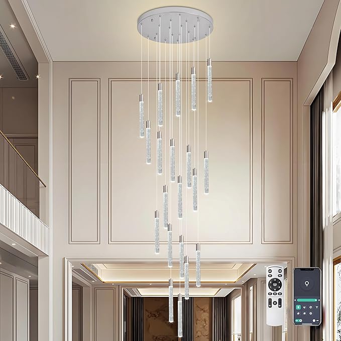 20-Light Chrome High Ceiling Chandeliers Modern Crystal Chandeliers for Entryway Long Spiral LED Dimmable Chandelier Flush Mount Ceiling Staircase Foyer Living Room Ceilings Light Fixture