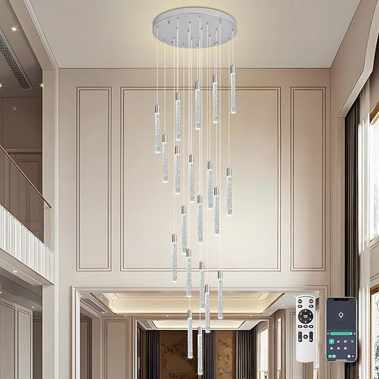 20-Light Chrome High Ceiling Chandeliers Modern Crystal Chandeliers for Entryway Long Spiral LED Dimmable Chandelier Flush Mount Ceiling Staircase Foyer Living Room Ceilings Light Fixture