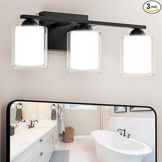 Quntis Black Bathroom Lighting Fixtures Over Mirror with 5 Color Modes, 3 Light Dimmable LED Bathroom Vanity Light, with Eye Care Milk White Frosted Glass, 21W Energy Saving, 16 Inch (Bulbs Included)
