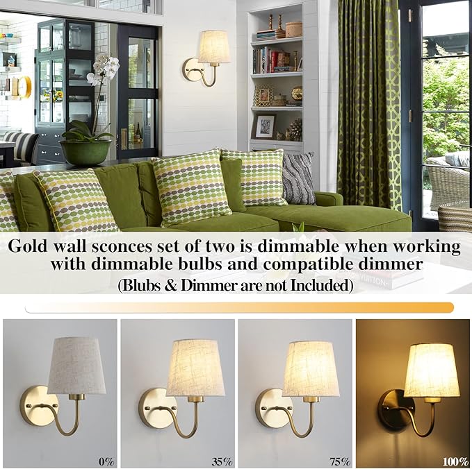 LASENCHOO Gold Wall Sconce, 1 Pack Modern Sconces Wall Lighting Vintage Wall Light Fixtures with Fabric Lampshade, Bedside Wall Lamp for Bedroom Living Room Hallway Entryway, E26 Bulb (No Include)