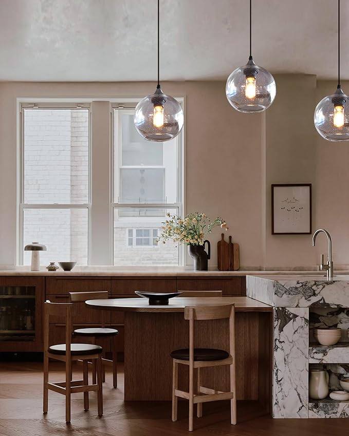 ARIAMOTION Globe Pendant Lights Kitchen Island 3 Pack Hand Blown Glass Modern Rustic Lighting Clear Seeded Bubbles Dining Room Table Coffee Bar Counter Brushed Nickel Lamp 7.4 Inch Diam