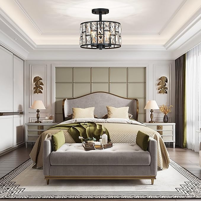 MEXO Farmhouse Crystal Round Semi Flush Mount Close to Ceiling Light Fixture, Drum Shade 3LT Ceiling Lamp for Kitchen Island Dinning Room Bedroom, Hallway Black Finish