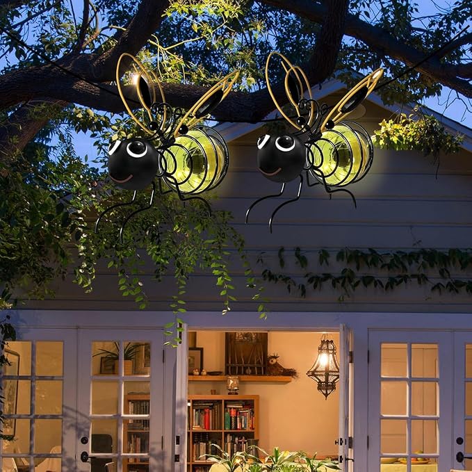 EVOLUX Hanging Bee Solar Garden Lights Decor for Outside, Outdoor Statues Figurine Lights Decorations for Patio Balcony Yard Ornament Housewarming(2 pcs)