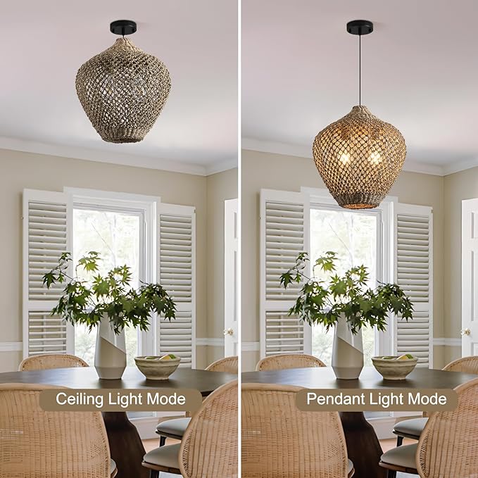 17.72" Rattan Pendant Light,Boho Hand Woven Seagrass Hanging Light Natural Grass Rattan Chandelier for Dining Living Bedroom Kitchen Island
