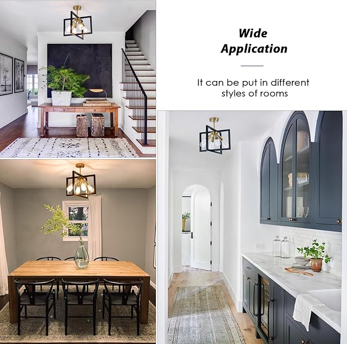Farmhouse Industrial Ceiling Light Fixtures, 4-Light Vintage Modern Rectangle Black Gold Flush Mount Light Fixture with Rotatable Metal Square Frame for Kitchen Hallway Entryway Foyer Living Bedroom