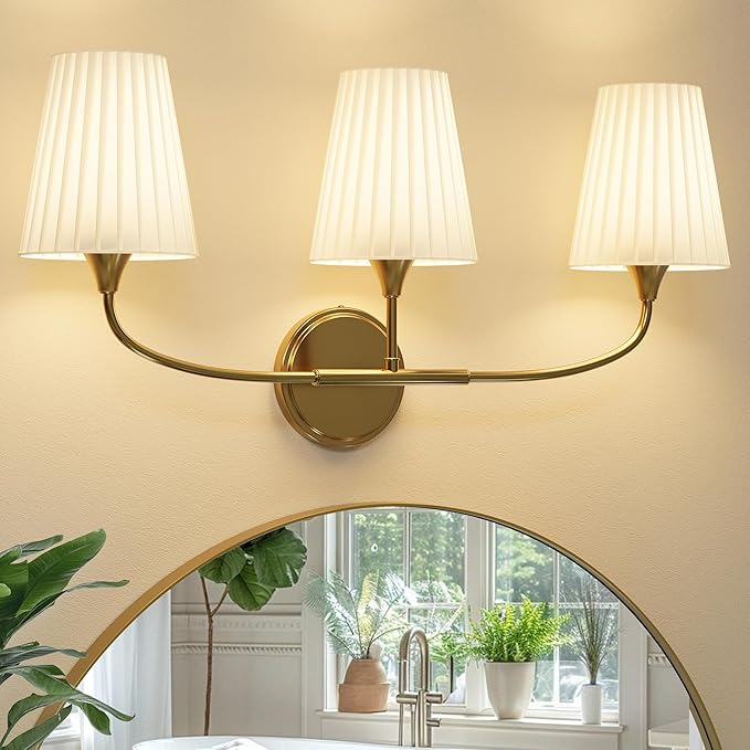 Bathroom Light Fixtures Over Mirror, 3 Light Vanity Light for Bathroom, Gold Vanity Light Fixtures with Flared Ivory White Fabric Shade, E26 Socket Modern Sconce Wall Decor(ETL Listed)