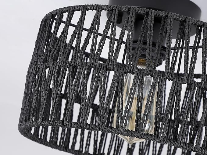 Coastal Black Woven Flush Mount Light Fixture Rustic Industrial Hemp Rope Round Flush Mount Ceiling Light for Hallway Bedroom Farmhouse Kitchen Entryway Hall, Black