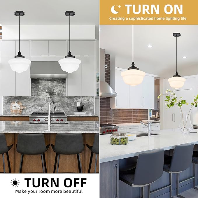 Bagood 10" Black Schoolhouse Light Fixture Milk Glass Pendant Light Schoolhouse Pendant Light Milk Glass Light Fixture Mid Century Modern Ceiling Light for Bedroom Bathroom Kitchen Island (Bulb Incl)
