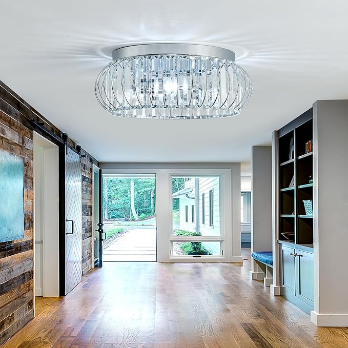 YYJLX 3 Light Flush Mount Ceiling Light Fixtures Modern Crystal Chandelier Chrome Chandelier for Hallway Bedroom Bathroom Foyer Entryway Laundry Room Kitchen.