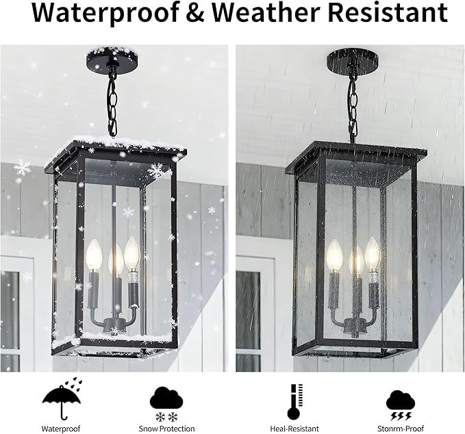 Large Outdoor Pendant Light Fixtures, Oil Rubbed Bronze 3-Lights Outdoor Ceiling Hanging Lanterns with Clear Glass, Exterior Gazebo Light for Patio, Porch, Yard, Gara