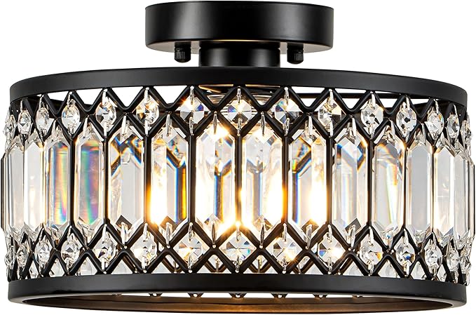 Crystal Black Ceiling Light, Modern Semi Flush Mount Ceiling Light Fixture, Round Small Chandelier for Hallway Entryway Bathroom Bedroom Laundry Room, 1-Light, 11.4 Inch