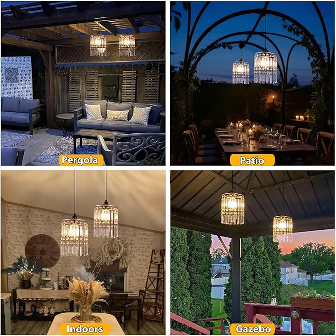 TWINKVILLA Battery Operated Chandelier, 3Pack Hanging Gazebo Lights, Acrylic Crystal Beaded Pendant Lights Outdoor Waterproof for Patio Tree Pergola Porch and Indoor Decor (3)