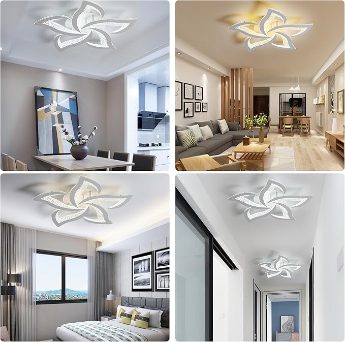 Garwarm Modern Ceiling Light,23.6” Dimmable LED Chandelier Flush Mount,Remote Control Acrylic Flower Celing Lamp Fixture for Living Room Dining Room Bedroom Hallway 45W White