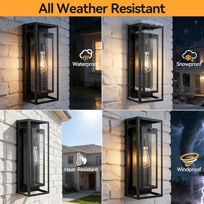 18" Motion Sensor Outdoor Front Porch Light, 2Pack Black Exterior Light Fixture Dusk to Dawn Outside Light for House Exterior Coach Lights with Clear Glass for Garage Porch Patio