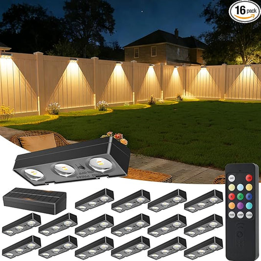 JOFIOS Solar Fence Lights with Remote 16 Pack, Color Changing RGB & Warm White, 12 Dynamic Modes, IP65 Waterproof, Solar Lights for Fence, Deck, Backyard, Patio Holiday & Party Decoration