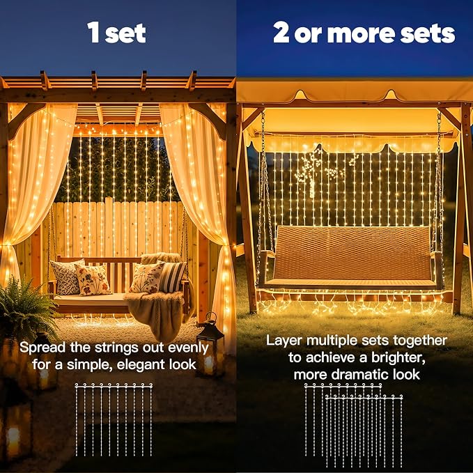 suddus Solar Tangle-Free Curtain Lights,200 LED Hanging Lights with Hook, Waterproof Window Lights for Christmas, Dorm, Wall, Backdrop, Window, Wedding, Party, Birthday Decor, Warm White