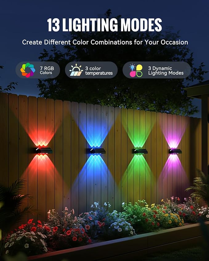 Solar Fence Lights Outdoor 12 Pack, 3 Modes & 10 RGB Colors, Up and Down Fence Lights Solar Powered for Outside, Deck Lighting for for Backyard/Garden/Patio/Garage Wall Decor