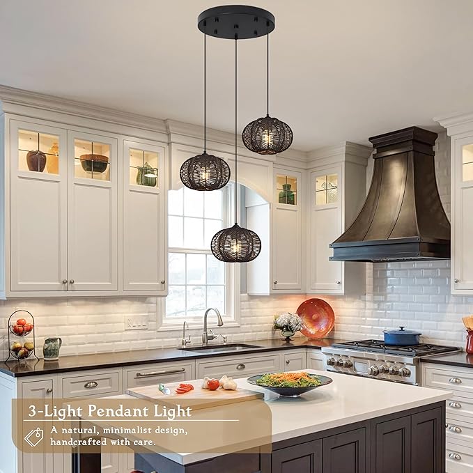 12" Boho Black 3-Light Boho Chandeliers for Kitchen Island Hand-Woven Boho Rattan Chandeliers Dimmable Adjustable Hanging Wicker Chandelier for Dining Room Living Room（Bulb Incl.）